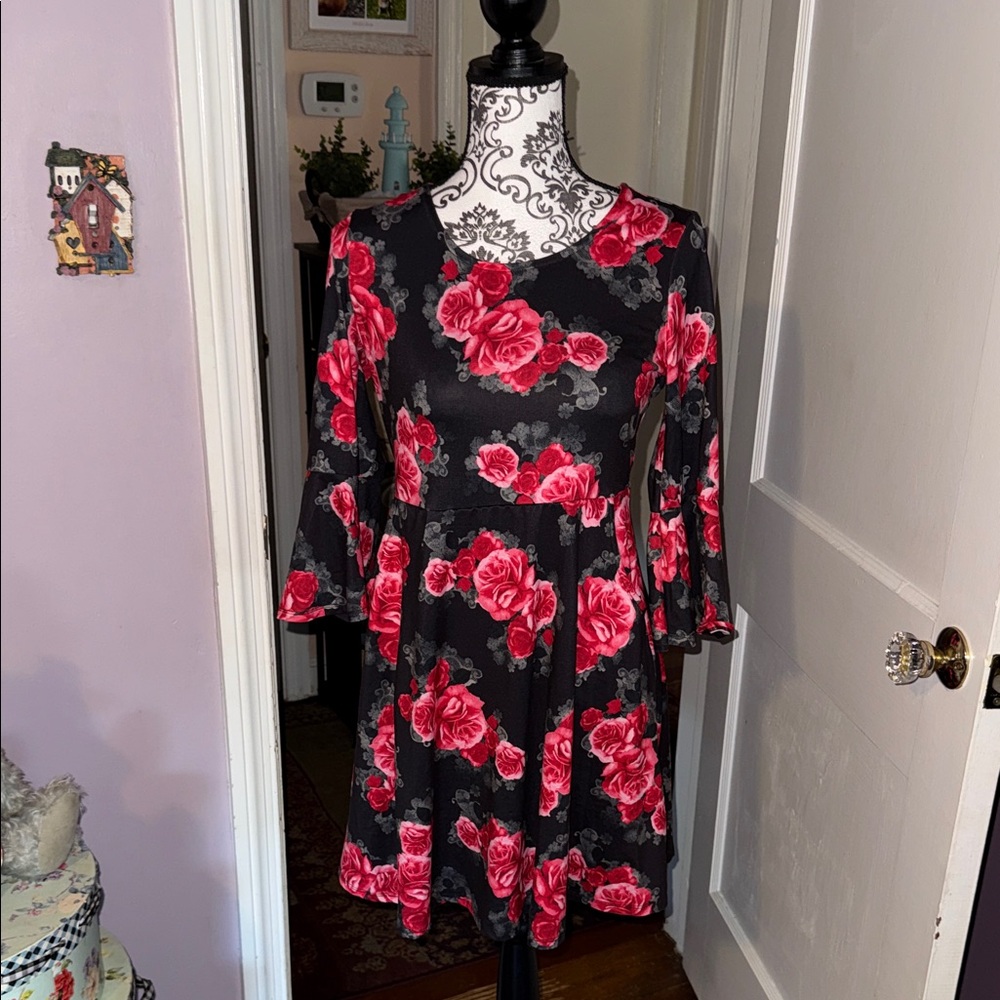 Justice Black Dress with Red Floral Design
